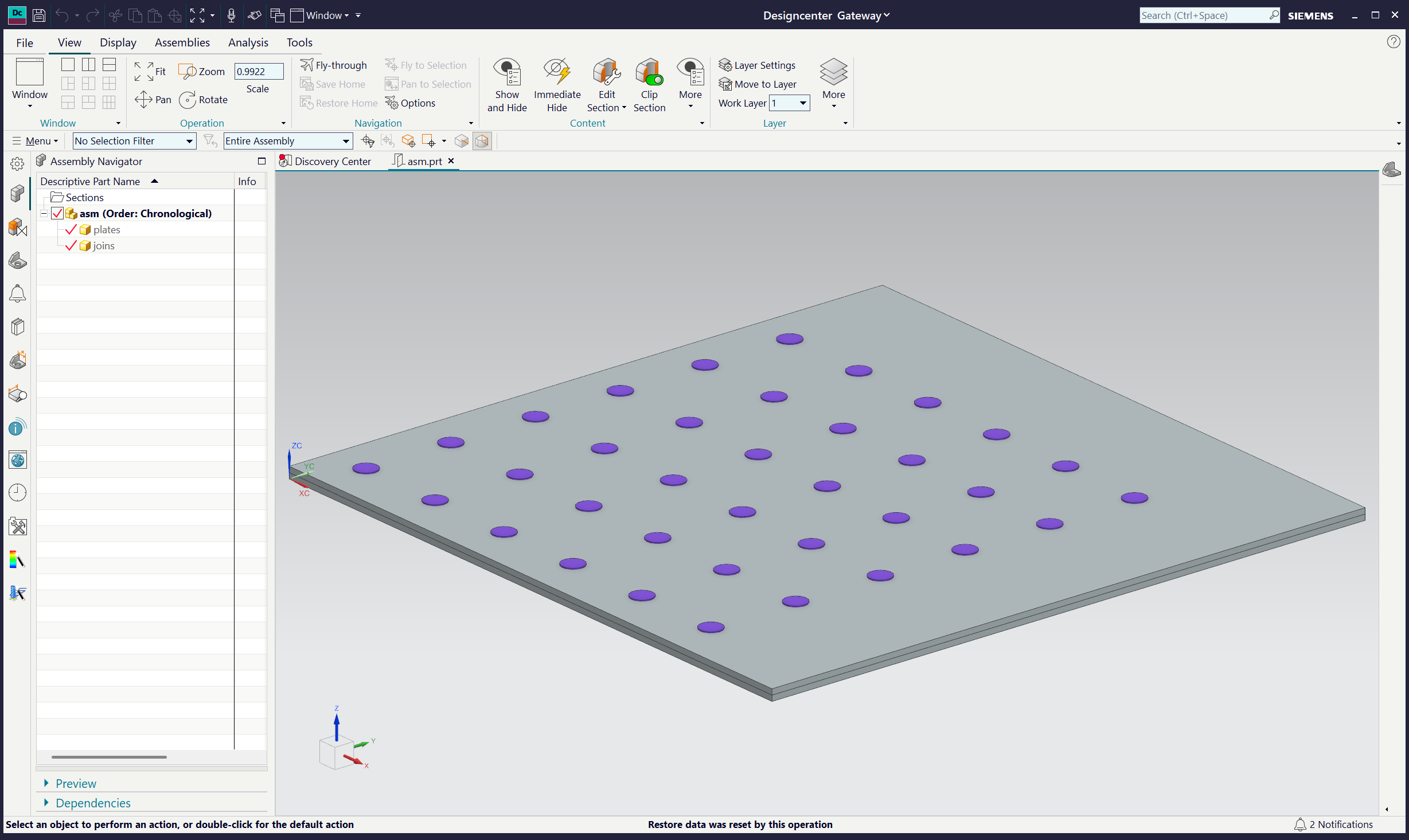 The verification assembly open in NX: two plates and the Join fasteners