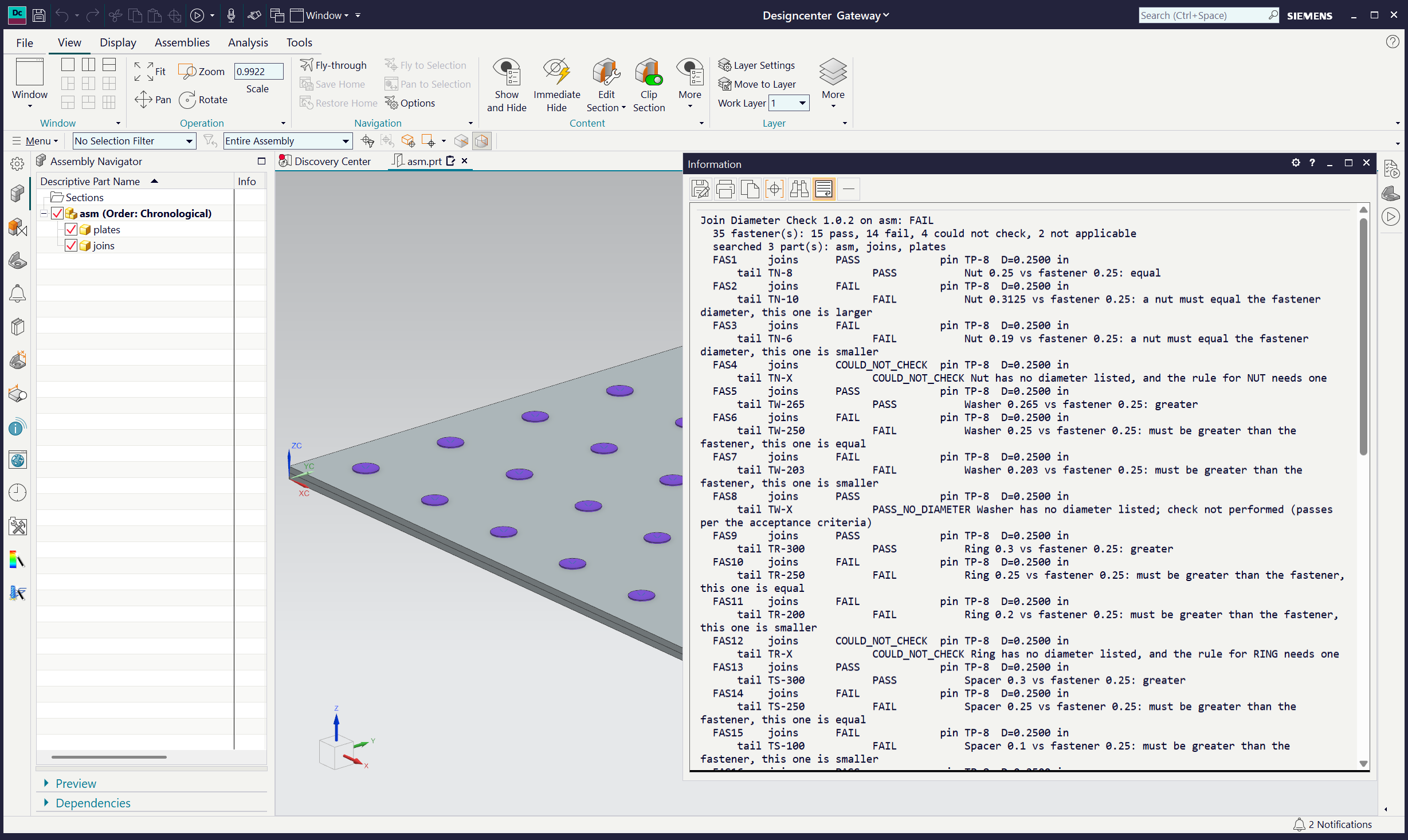 NX with the verification assembly and the Join Diameter Check results in the Information window